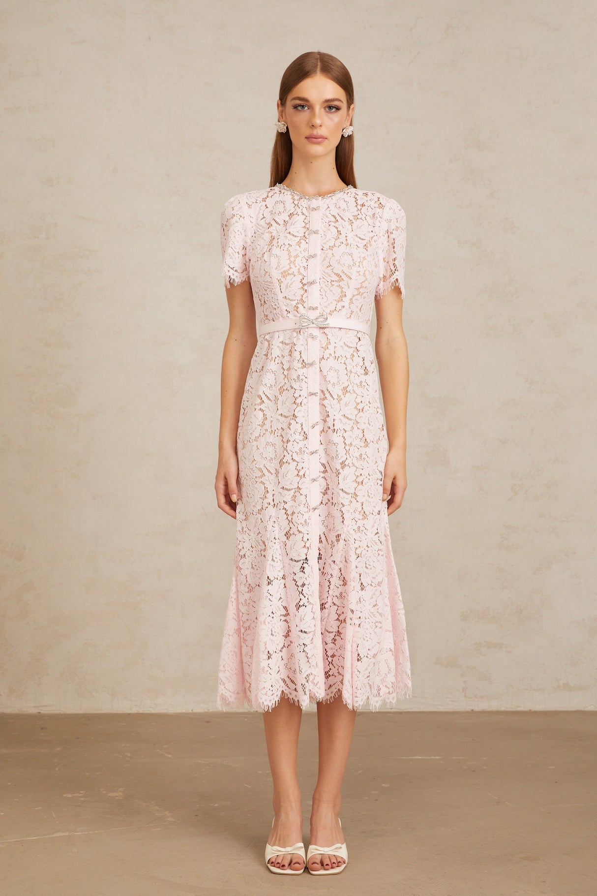 Aurohaya Sabine Pink Floral Lace Mermaid Midi Dress