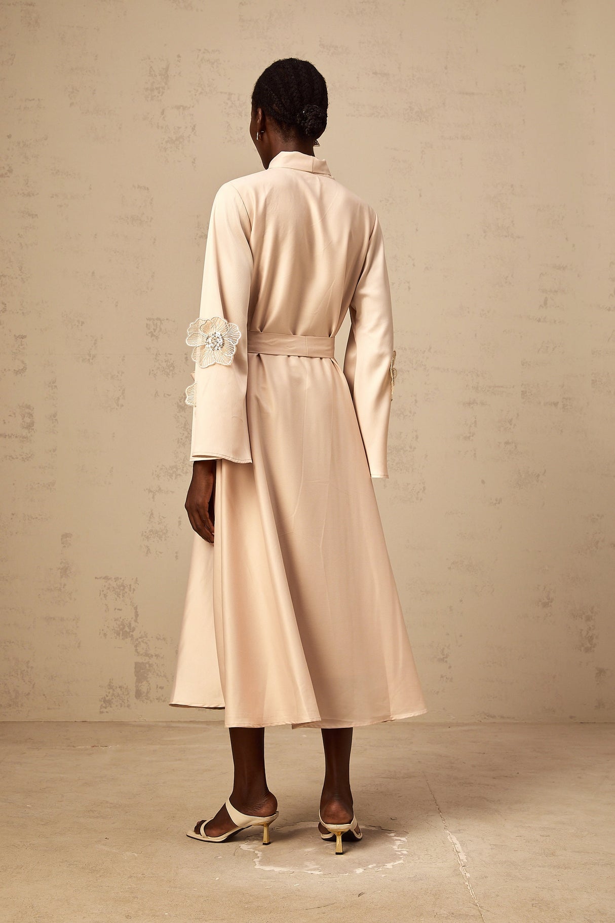 Aurohaya Orane tied floral-applique flared midi dress in Neutrals