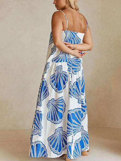 Aurohaya Holiday Casual Ocean Shell Print Sling Maxi Dress