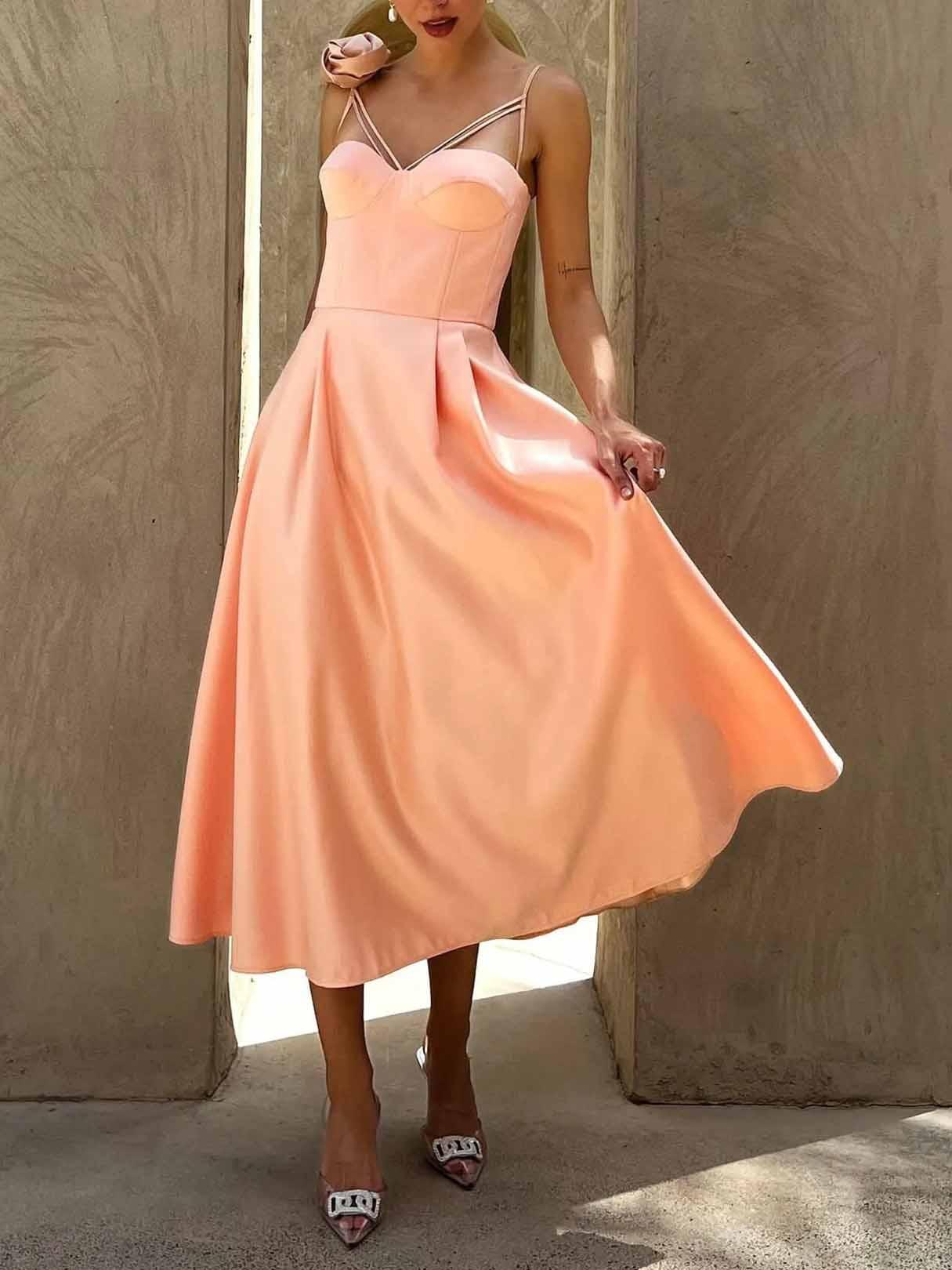 Aurohaya Elegant Slip Floral Midi Dress Orange