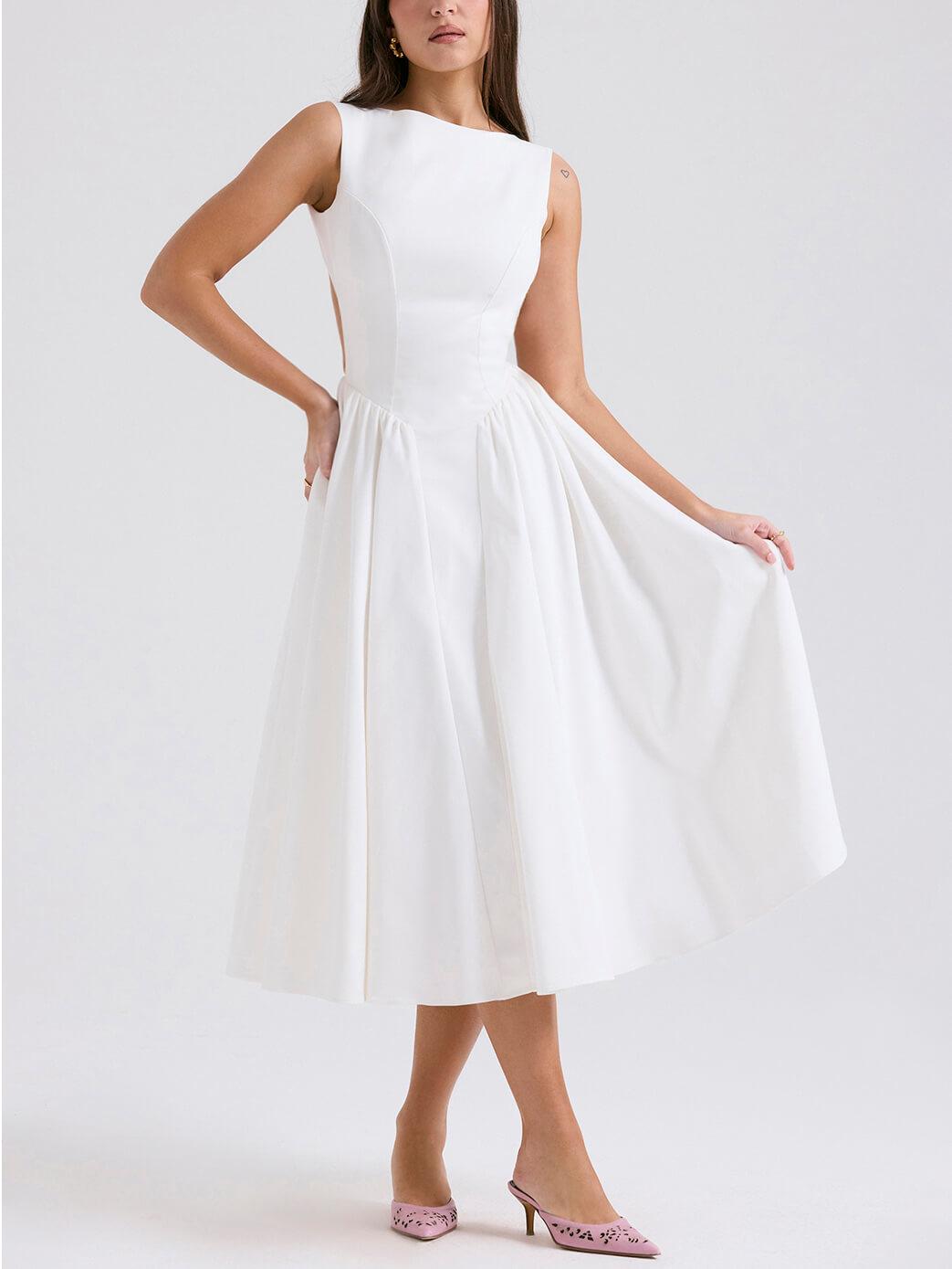 Aurohaya Stylish And Elegant Solid Color Round Neck Backless Sleeveless Midi Dress White