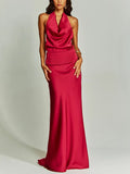 Elegant Chic Halter Neck Satin Party Maxi Dress
