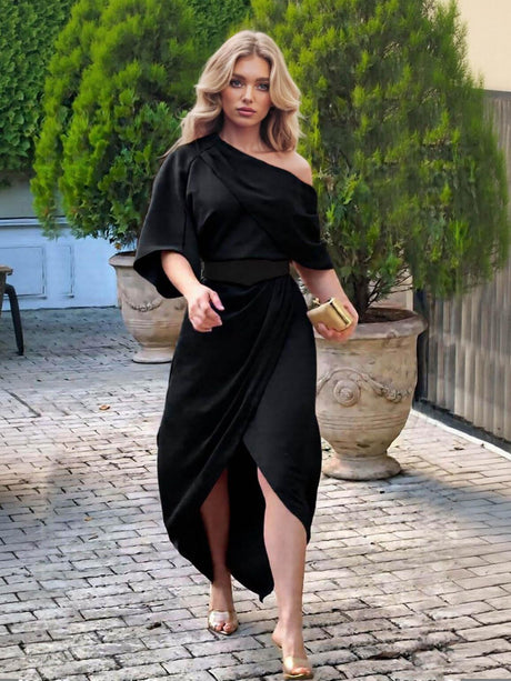 Aurohaya Exquisite Satin Irregular Lapel Neckline Design Ruched Maxi Dress Black