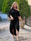 Exquisite Satin Irregular Lapel Neckline Design Ruched Maxi Dress