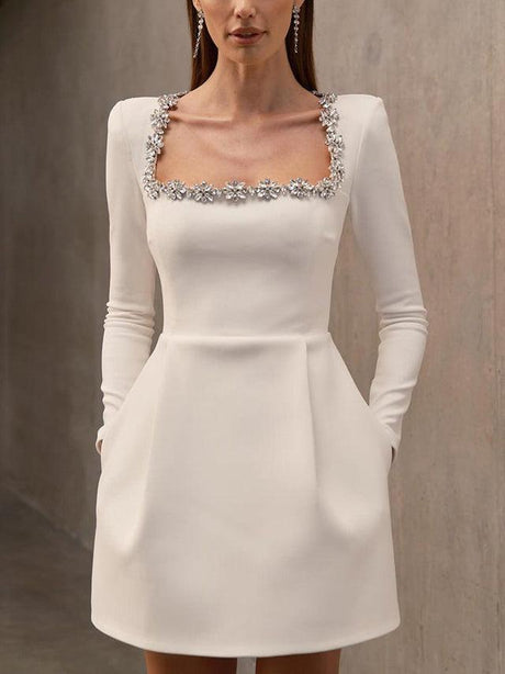 Aurohaya Elegant Square Neck Crystal Embellished Mini Dress White