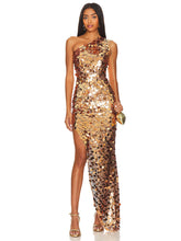 Aurohaya Aurore One Shoulder Gold Sequin Maxi Dress Gold