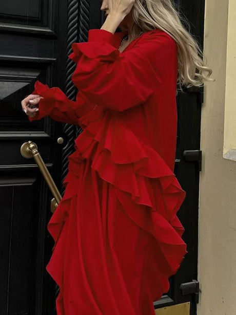 Aurohaya V-neck Ruffled Long-sleeve Dress