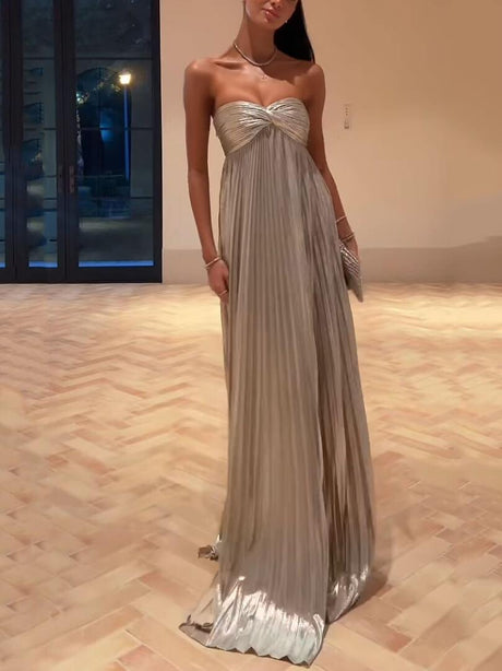Aurohaya Metallic Pleated Off-The-Shoulder Maxi Dress