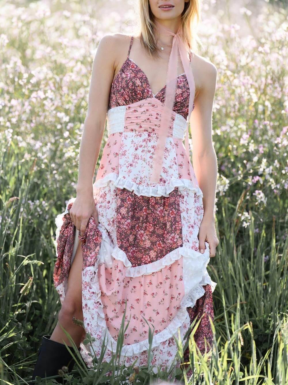 Aurohaya Elegant Patchwork Floral Print Maxi Dress