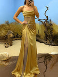 Aurohaya Delicate Satin Paneled Mesh Sequin Fabric Off Shoulder Ruched Drape Maxi Dress Yellow