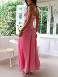 Elegant Backless Pleated V-Neck Splicing Maxi Dress