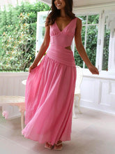 Aurohaya Elegant Backless Pleated V-Neck Splicing Maxi Dress Rose Red