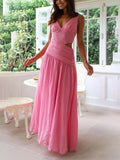 Elegant Backless Pleated V-Neck Splicing Maxi Dress