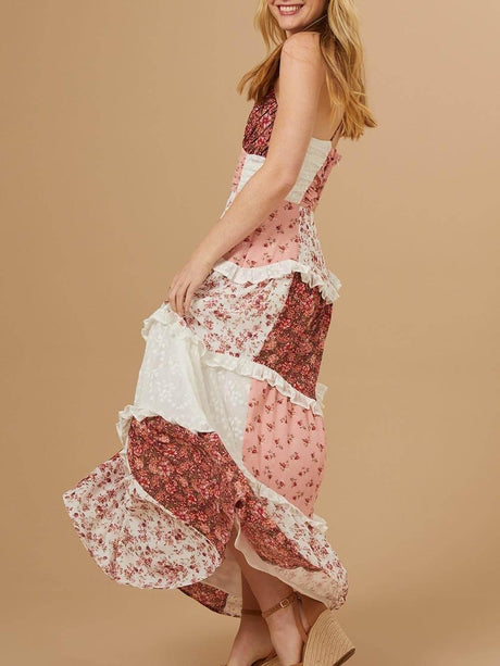 Aurohaya Elegant Patchwork Floral Print Maxi Dress