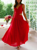 Elegant Backless Pleated V-Neck Splicing Maxi Dress