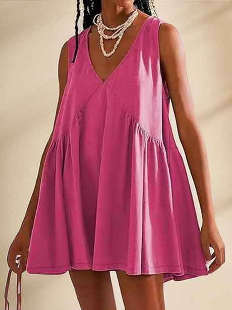Aurohaya Deep V Wide Strap Mini Tank Dress Rose Red