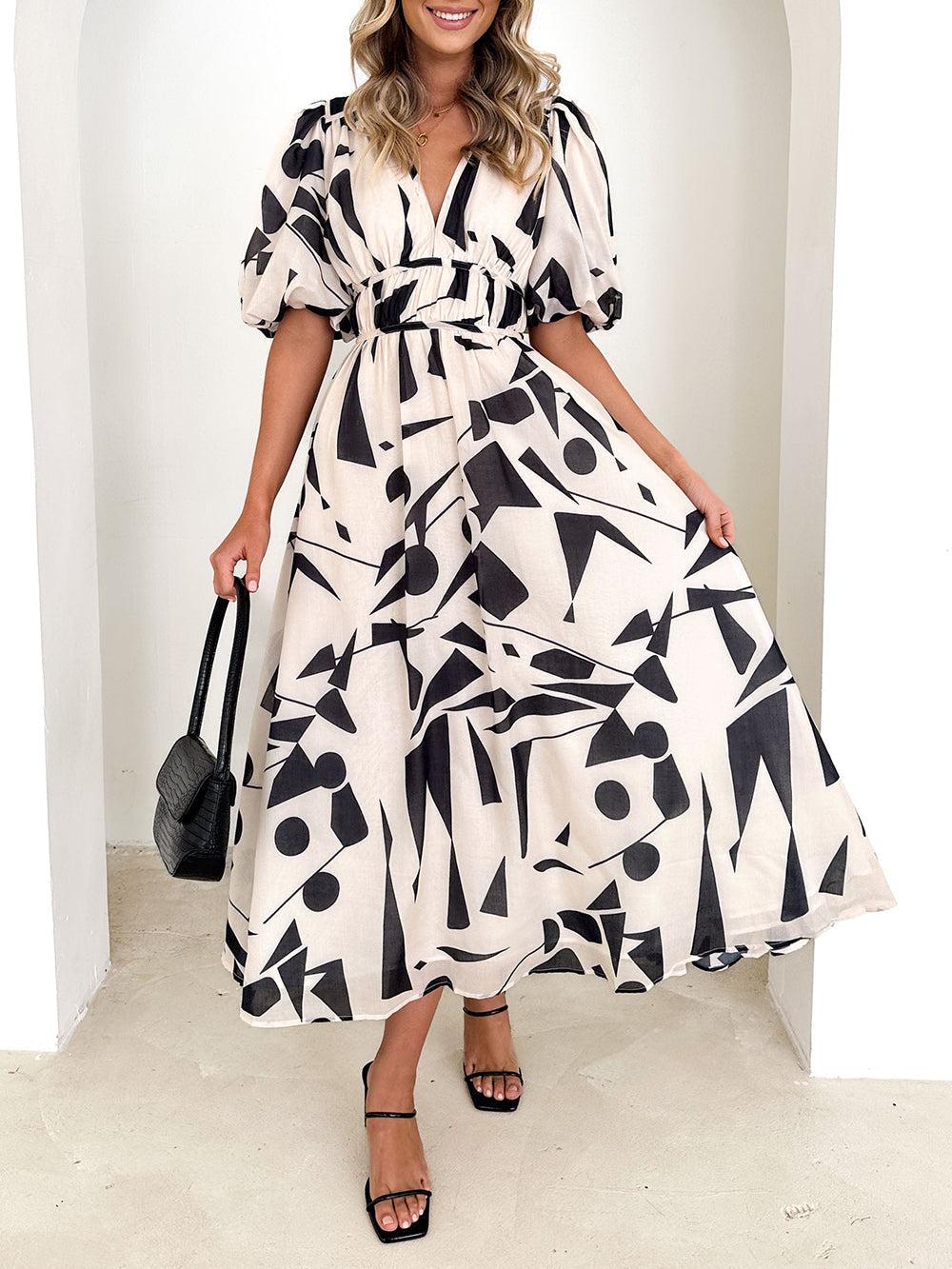 Aurohaya Sakura Midi Dress - Beige Geo