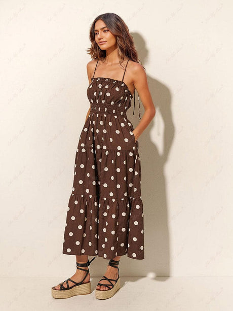 Aurohaya Chocolate And Ivory Polka Dot Print Pleated Elastic Strap Dress