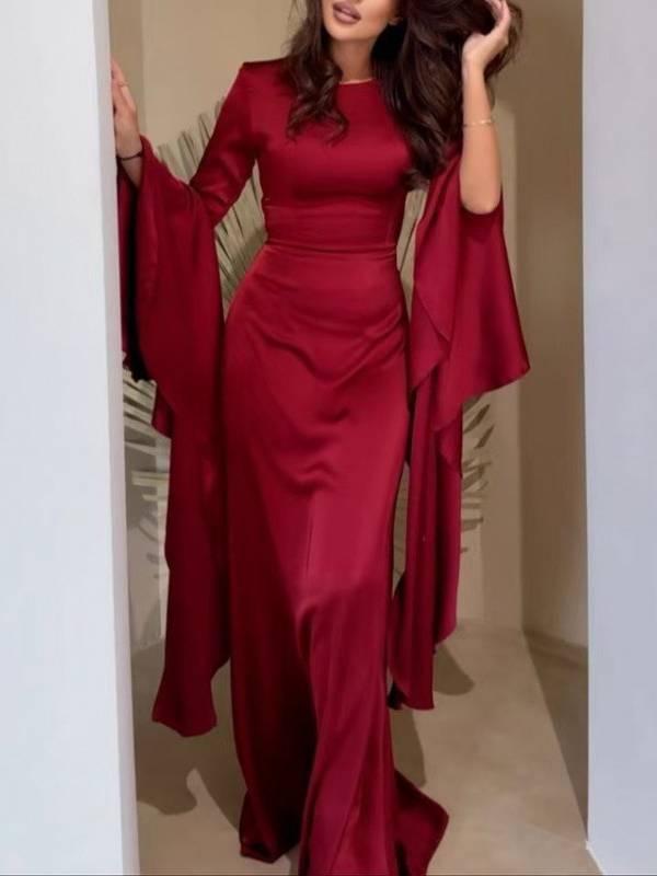 Aurohaya Ruffled Sleeve Design Maxi Dress Wine Red