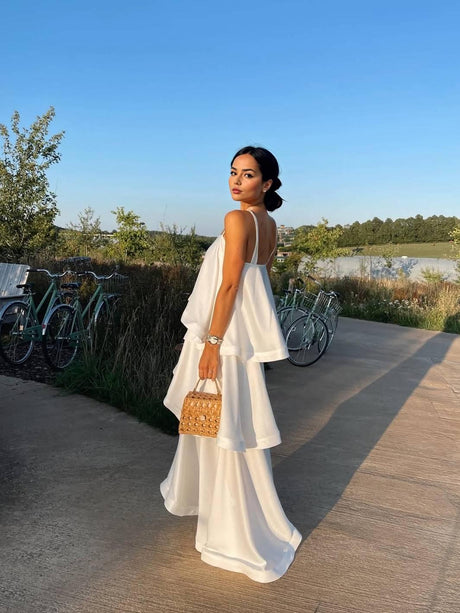 Aurohaya Elegant Three-layer Ruffle Sling Maxi Dress White
