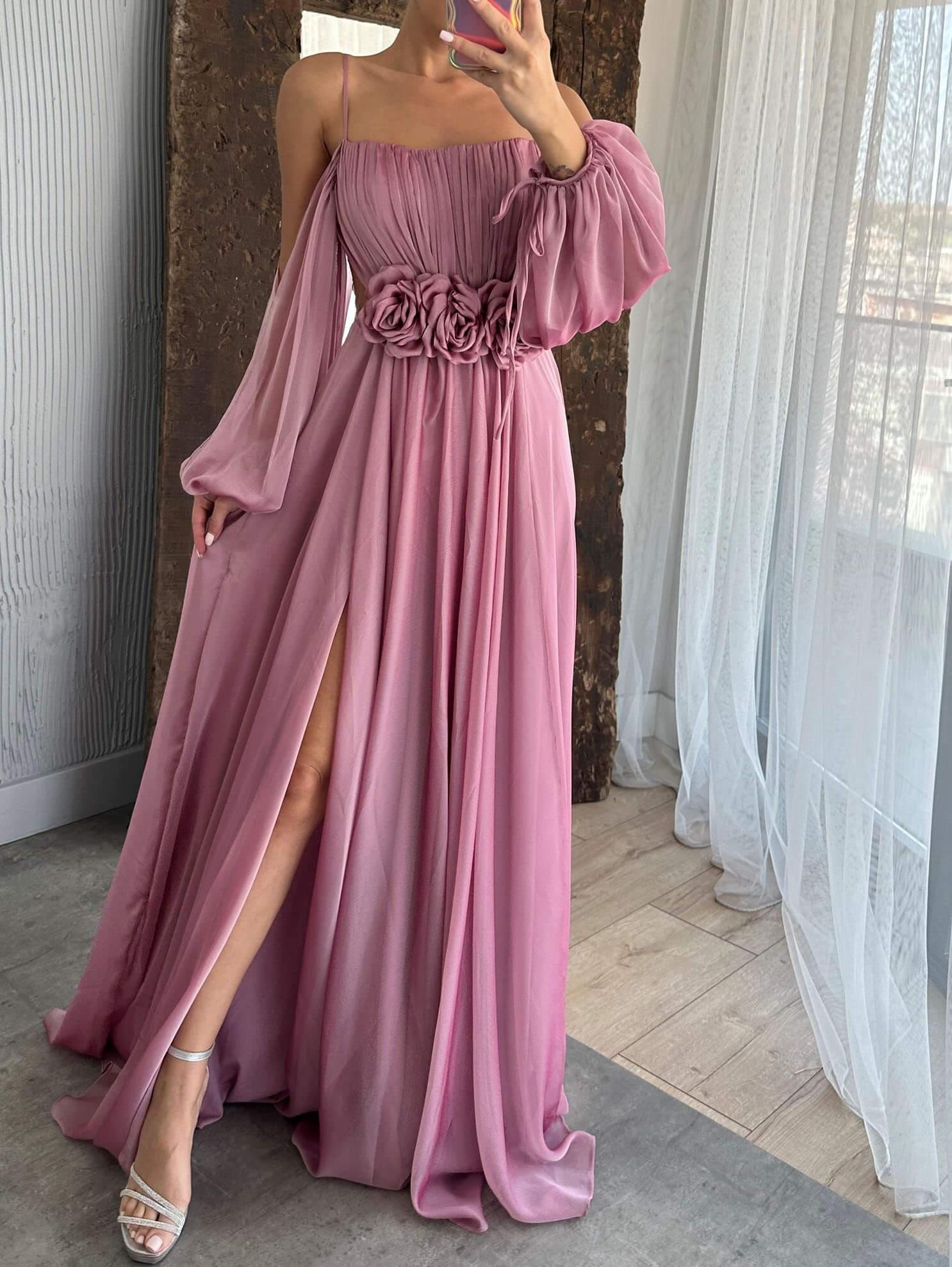 Aurohaya Drawstring Puff Sleeve Dress With Floral Detailing