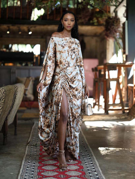 Aurohaya Elegant One-Shoulder Floral Draped Ruched Maxi Dress