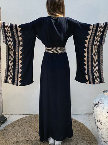 Aurohaya Black Bohemia Slit Long Sleeve Beach Cover Up