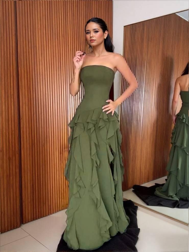 Aurohaya Tube Top Multi-layer Ruffled Side Slit Maxi Dress