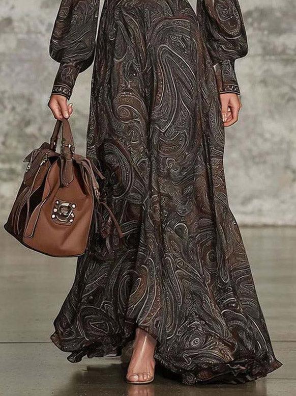 Aurohaya Retro Paisley Print Zipper Maxi Dress