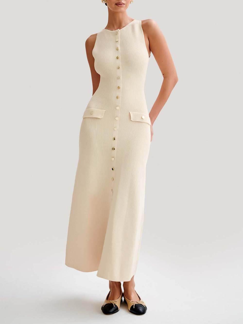 Aurohaya Elegant Crew Neck Buttoned Sleeveless Knit Midi Dress Apricot