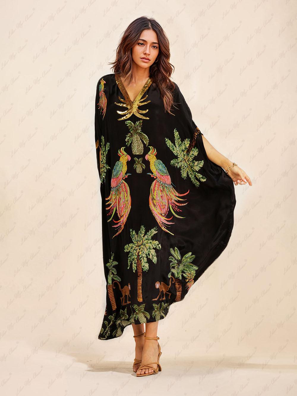Aurohaya Unique Drop Shoulder Sleeve Coconut Tree Printed Dress