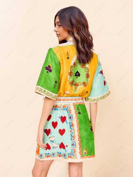 Aurohaya Casual Fashionable Fun Printed Shirt Cardigan Short Dress