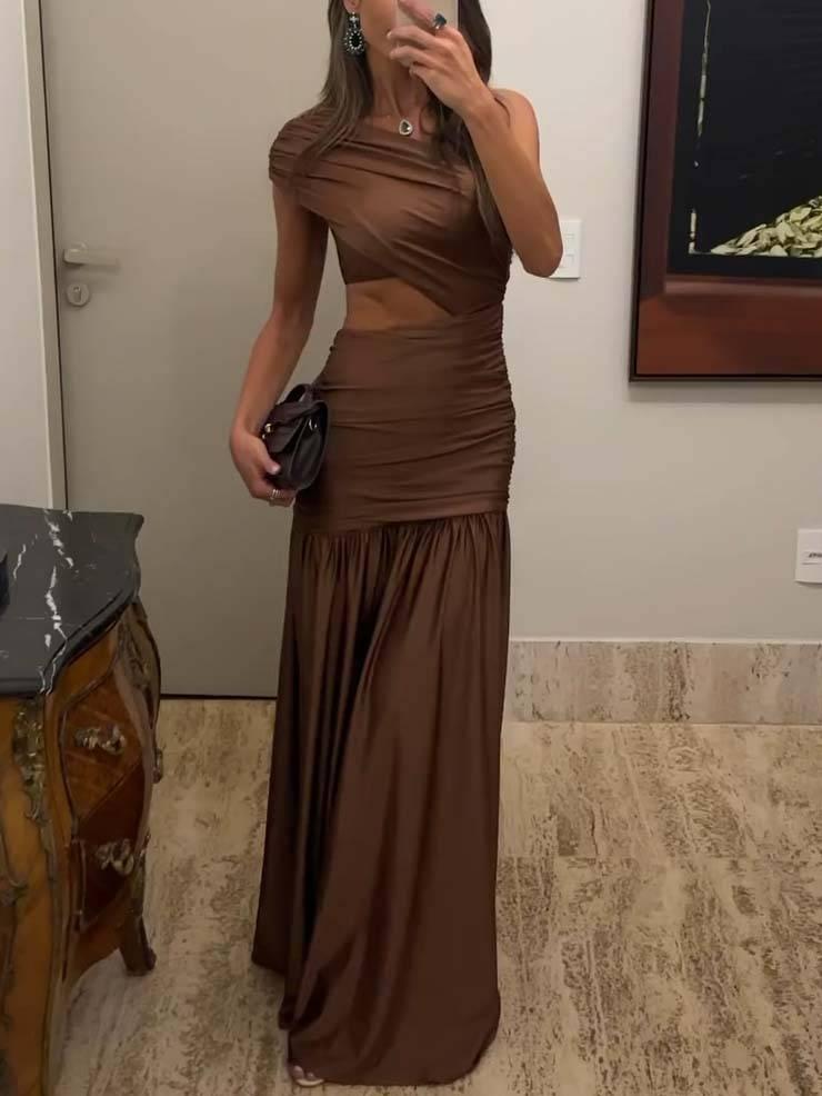 Aurohaya Unique Off-shoulder Waist Hollow Maxi Dress