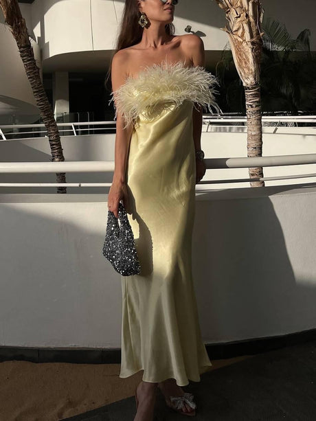 Aurohaya Light Luxury Feather Tube Top Maxi Dress Yellow