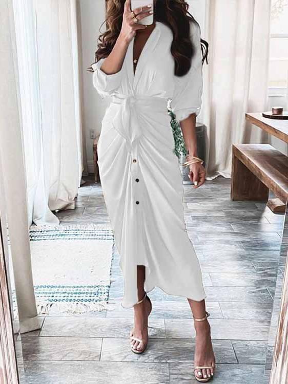 Aurohaya V-neck Pleated Strap Dress White