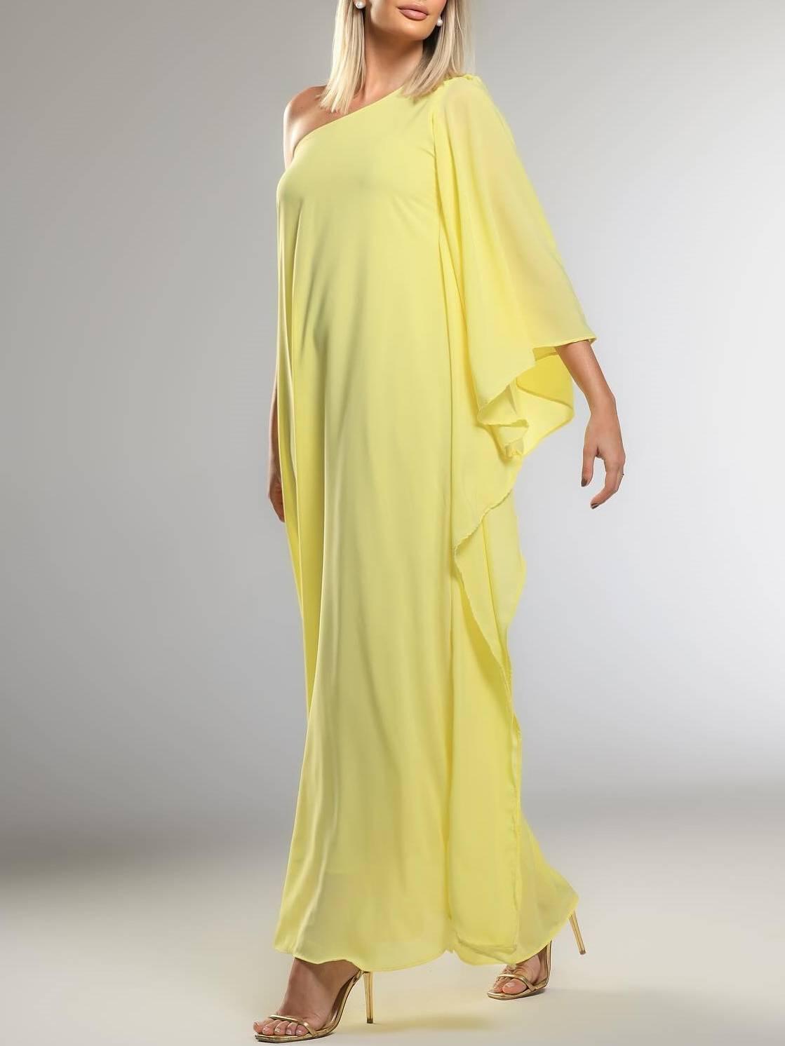 Aurohaya Single-sleeve Design Slant Collar A- Line Maxi Dress