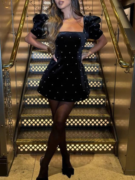 Aurohaya Square Collar Bubble Sleeve Pearl Mini Dress