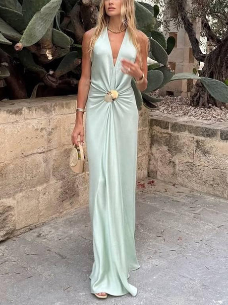 Aurohaya Deep V Halter-Neck Backless Metal Buckle Decoration Maxi Dress Mint-green