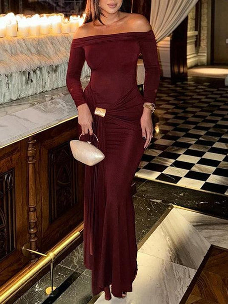 Aurohaya One-Shoulder Strappy Long-sleeved Slim Fit Wrap Dress