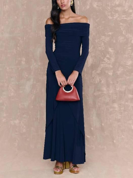 Aurohaya Off-shoulder Irregular Hem Maxi Dress Dark Blue