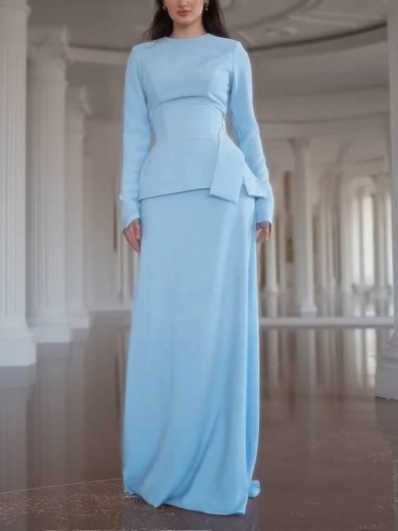 Aurohaya Waist Belt Design Maxi Dress Set Blue