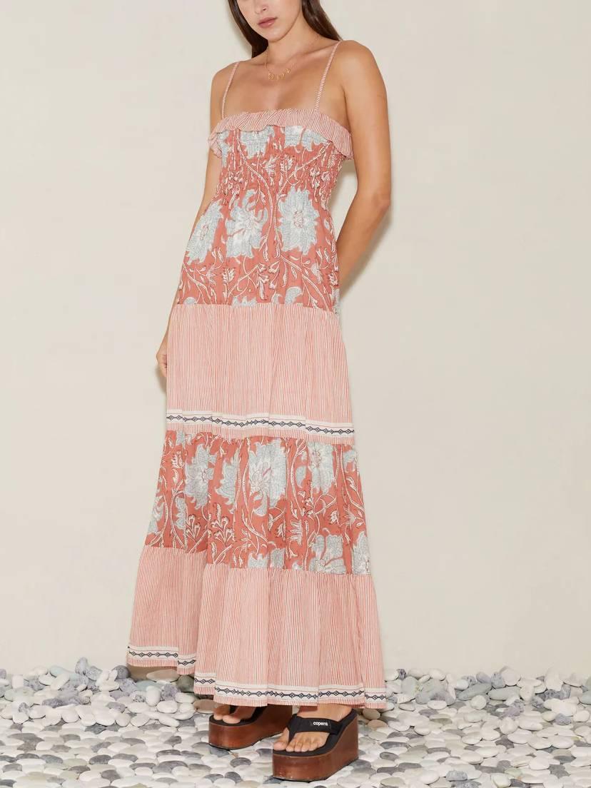 Aurohaya Vacation Style Floral-Print Suspender Dress