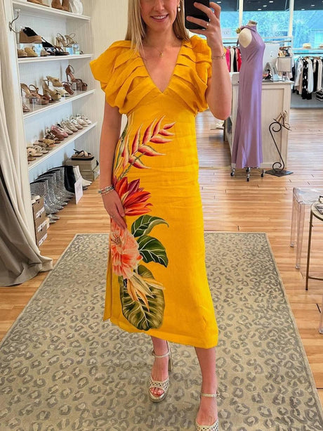 Aurohaya V-neck Pleated Print Dress