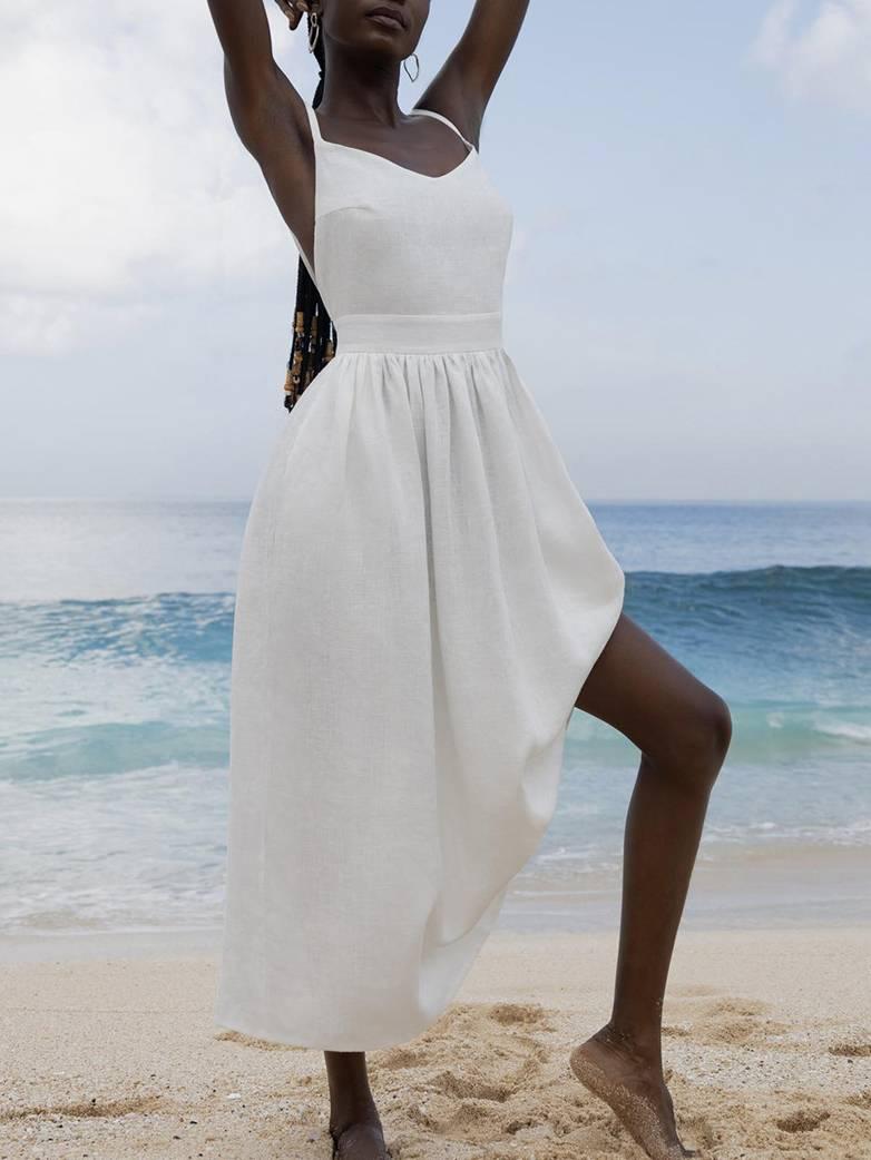 Aurohaya Elegant Sexy Strap Backless Dress White