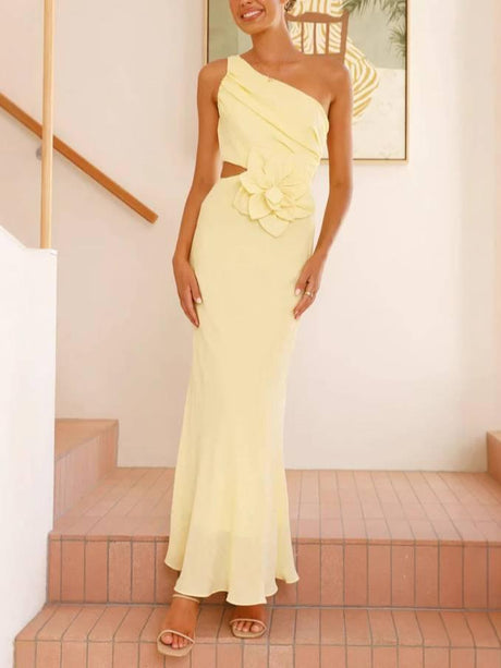 Aurohaya Oblique Collar Three-dimensional Flower Dress Yellow