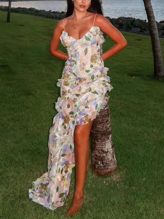 Aurohaya Suspender Printed Ruffle Dress