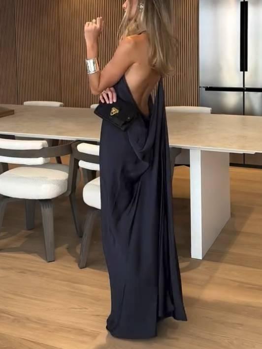 Aurohaya Minimalist Halter Neck Backless Maxi Dress