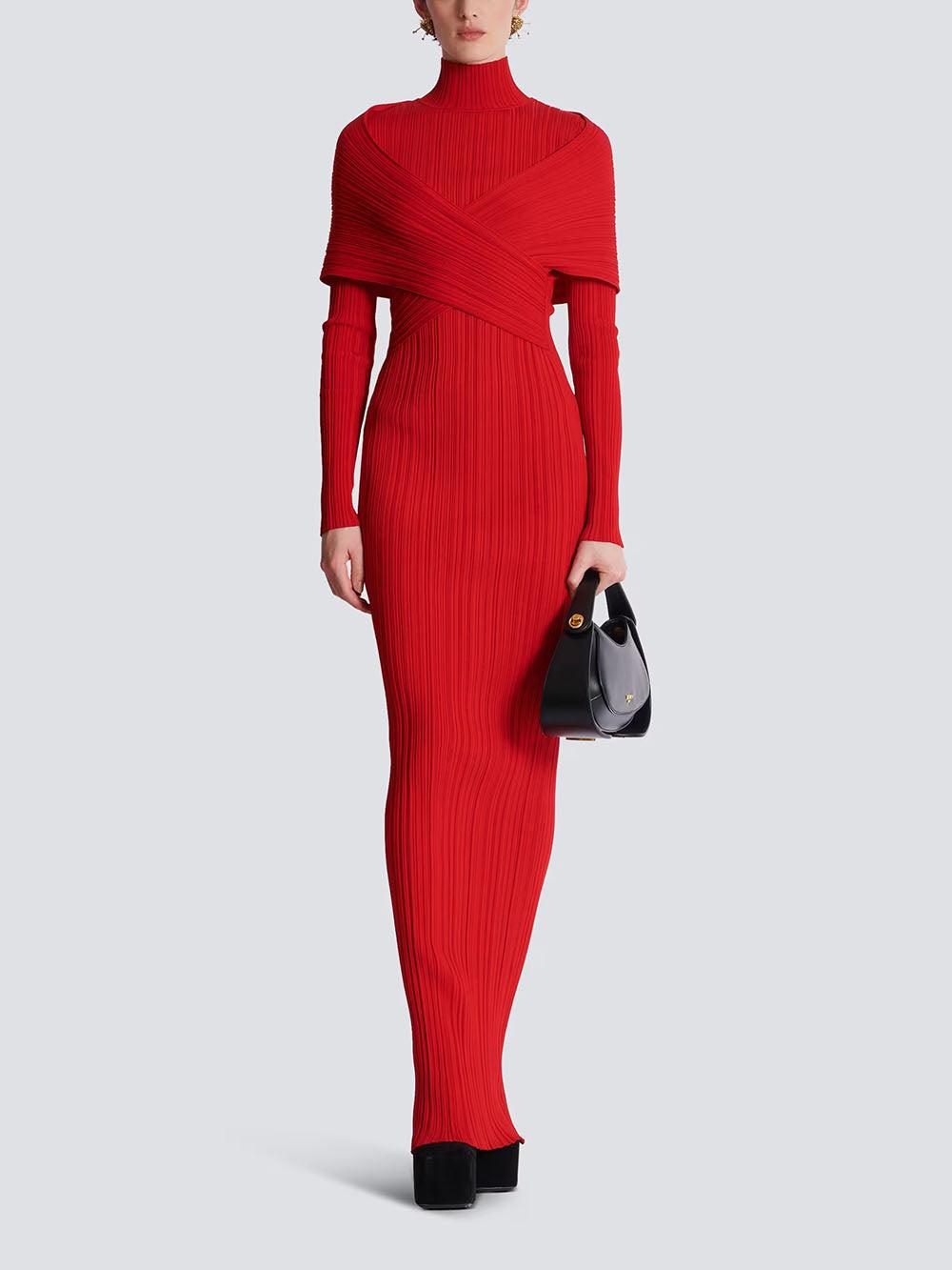 Aurohaya Red Elegant Wrap Effect Layered Pleated Maxi Dress