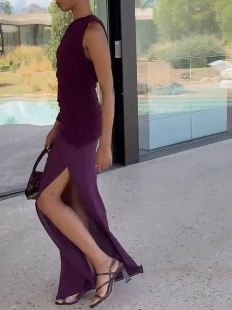 Aurohaya Single-sleeve Asymmetric Design Side Slit Maxi Dress