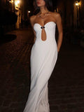 Aurohaya Metal Button Hollow Chest Wrap Long Maxi Dress White